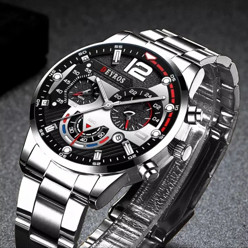 New Silver Chronograph Mens Sport Quartz Waterproof Luxury Stainless Steel Watch - Picture 5 of 13